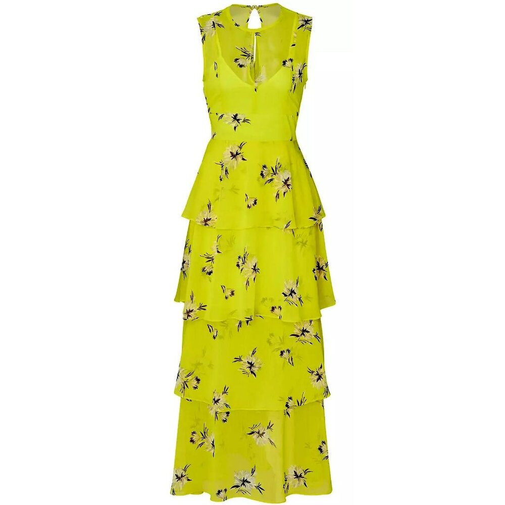 Great Jones Feminine Yellow Floral Silky Chiffon Tiered Sleeveless Maxi Dress  2